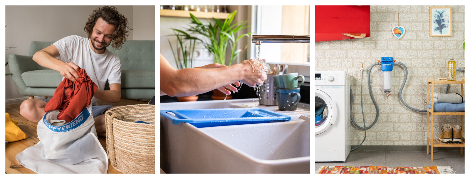Drei Fotos auf einem Bild. Ganz links befindet sich eine Person die gerade ihre frisch gewaschene Wäsche aus dem Guppyfriens Waschbeutel holt und sich sehr darüber freut. In der Mitte auf dem Foto wird gerade Geschirr von Hand abgewaschen über einem Waschbecken Filter und ganz rechts auf dem Bild ist eine Waschmaschine abgebildet die an das Guppyfriens Waschmaschinenfiltersysthem angeschlossen ist und die Wäsche gerade wäscht.
