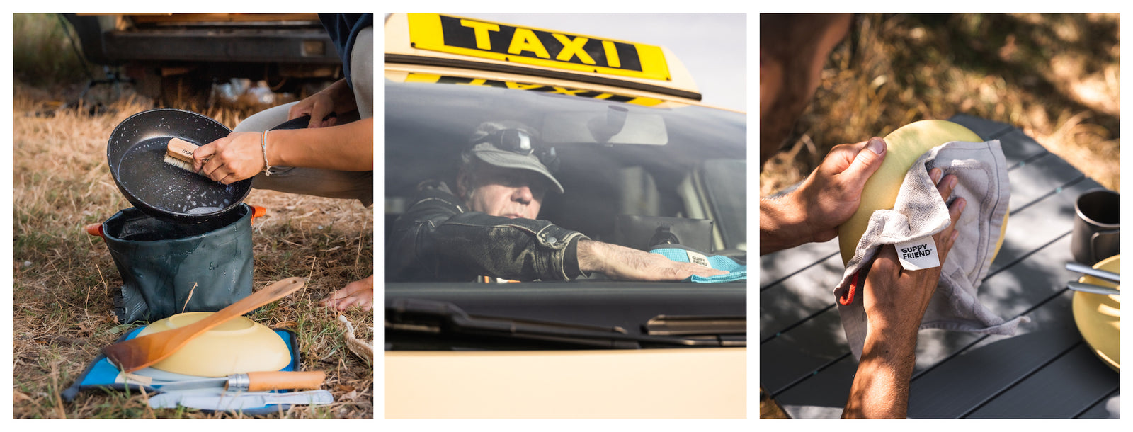 Drei Fotos in einem Bild. Ganz links wir Geschirr in der Natur gespült nur mit  Materialien ohne Plastik wie z.B der Guppyfriens Abwaschbürste und dem Handtuch in der Mitte wird ein Taxi geputzt mit einem Guppyfriendlappen und ganz links wird Geschirr abgetrocknet mit 
Guppyfriends Abwaschhandtuch 