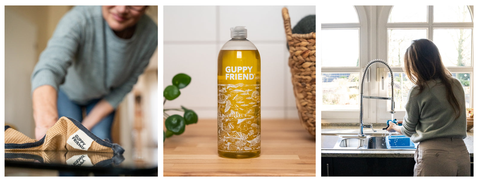 Drei Fotos in einem Bild ganz links befindet sich eine Person drauf die mit einem Guppyfriend Putztuch  einen Tisch reinigt. In der Mitte ist eine Flasche Guppiefriend Waschmittel zu sehen. Und auf dem Dritten Bild Wäscht eine Person gerade ihren Putzlappen über dem Waschbecken aus in dem sich ein Waschbecken Filter befindet.